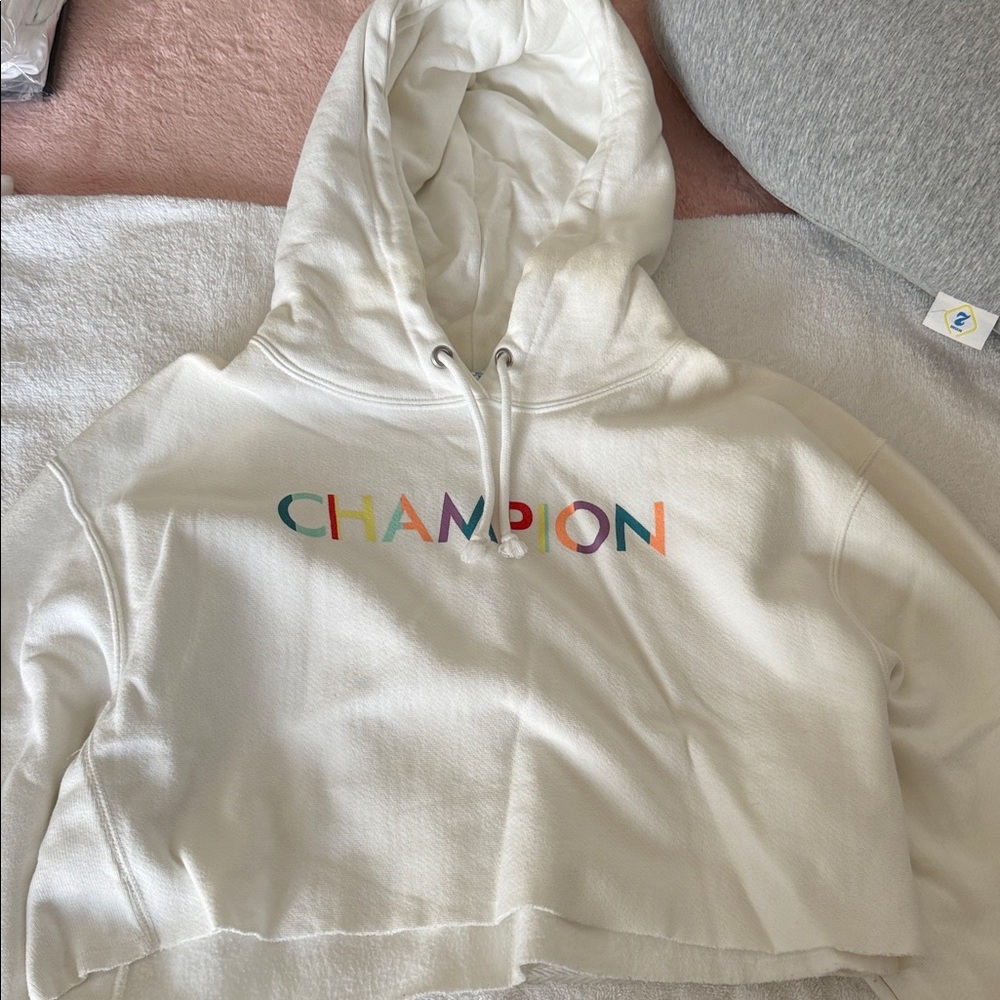 Champion Multicolor Logo cropped White Hoodie